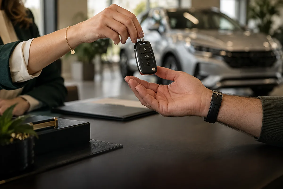 Consultora entregando a chave de um carro novo ao cliente
