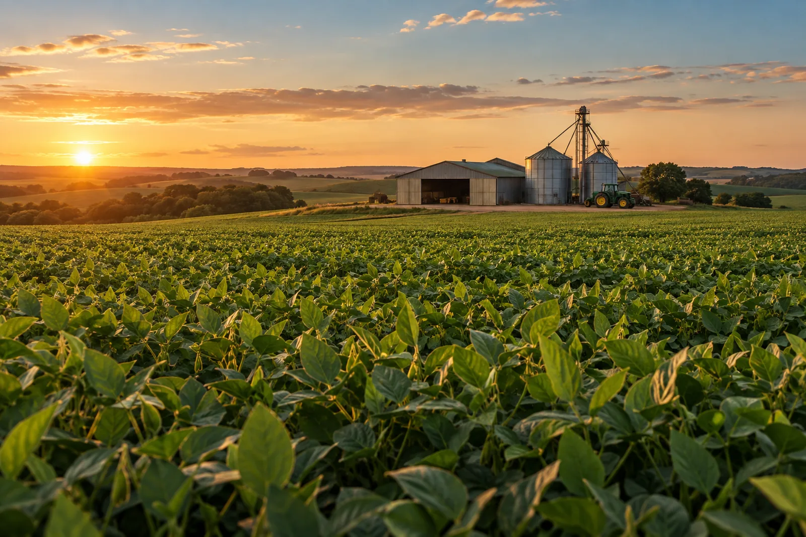 Lavoura de soja no noroeste gaúcho com galpão, silos e trator ao fundo, representando soluções agro